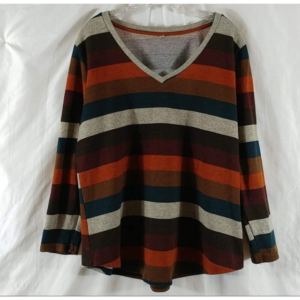 Unbranded Women's Red Brown Gray Casual V-Neck Smile Hem Sweater Size XL